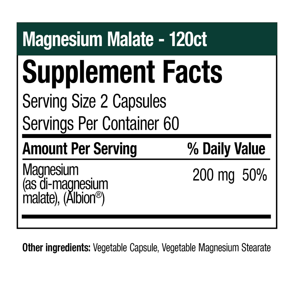Magnesium Malate - 120 Vegetable Capsules (In-stock & Only Available Through Phone Order)