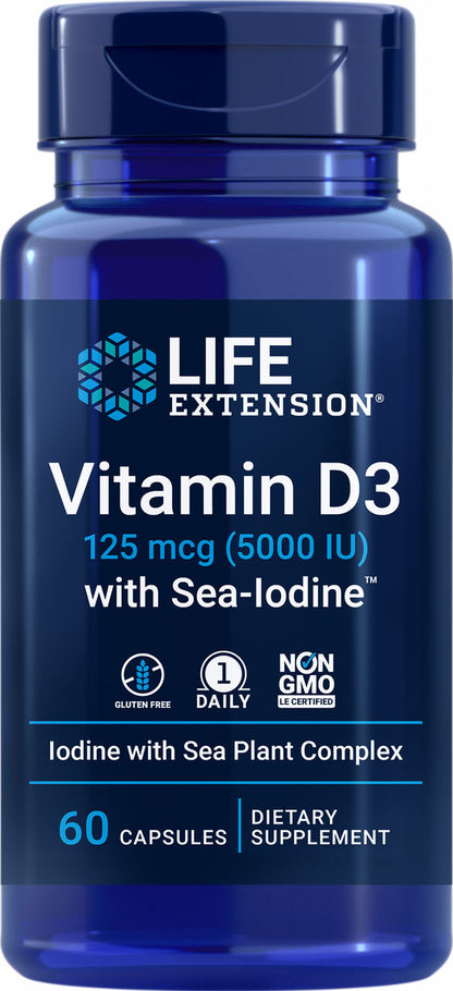 Vitamin D3 with Sea-Iodine™ 125 mcg (5000 IU), 60 capsules #1758