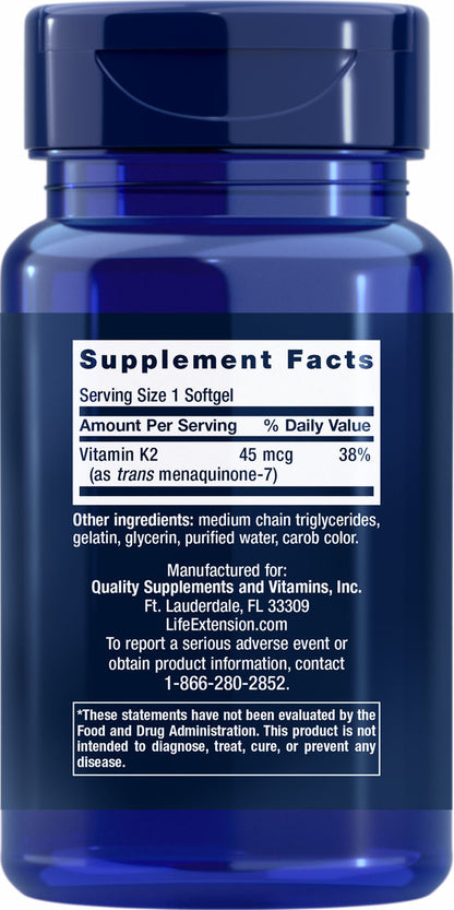 Low Dose Vitamin K2 MK-7 45 mcg, 90 softgels #1936