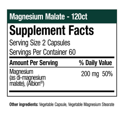 Magnesium Malate - 120 Vegetable Capsules (In-stock & Only Available Through Phone Order)
