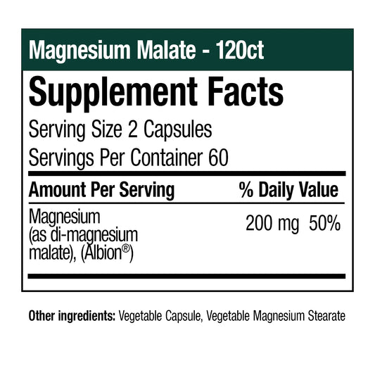 Magnesium Malate - 120 Vegetable Capsules (In-stock & Only Available Through Phone Order)
